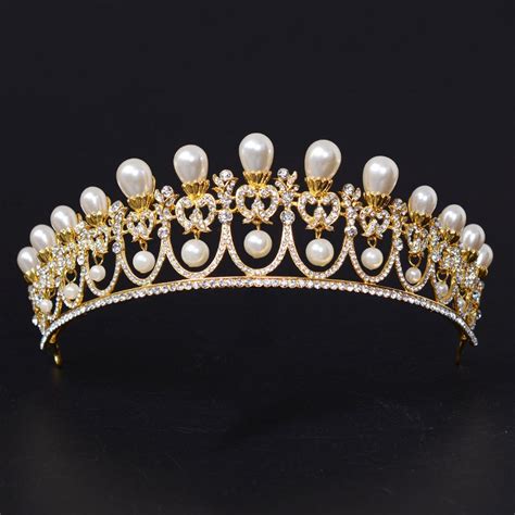 gold simulated dangle pearl tiara elegant wedding tiara  bride queen