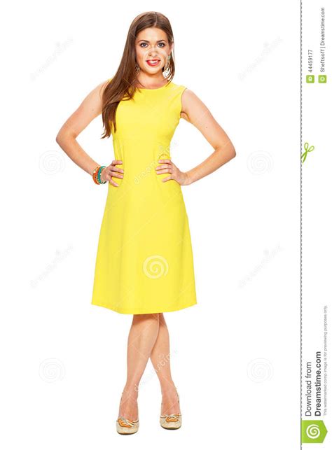 fashion yellow dress smiling woman full body portrait