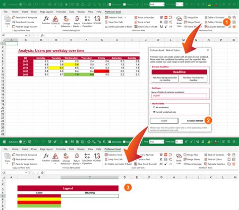 insert  legend  excel based  cell colors