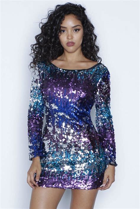 Blue Sequin Backless Long Sleeve Bodycon Club Party Mini