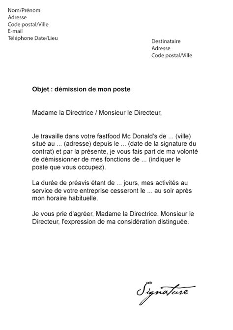 lettre de demission fast food mcdo modele de lettre