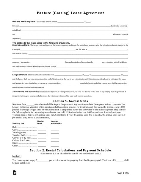 pasture grazing rental lease agreement template  word