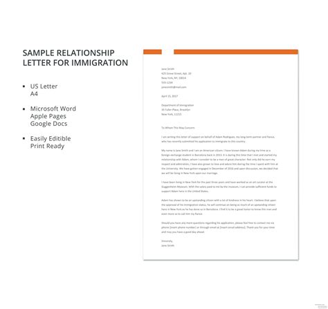 sample relationship letter  immigration template  microsoft word