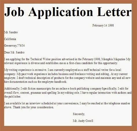 sample job application letter   vacant position employment application