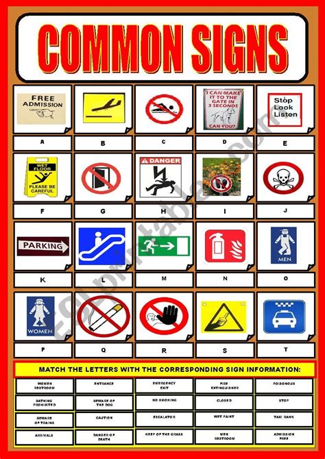 common signs esl worksheet  alexandradores