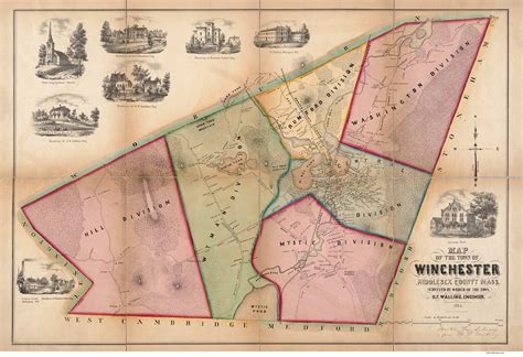 Winchester 1854 Old Map Middlesex County Massachusetts Cities Other