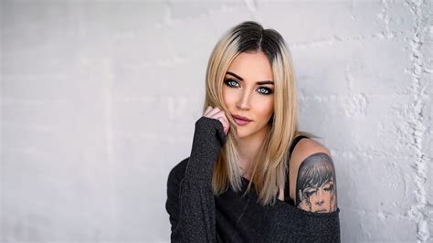 stephanie leblanc blonde blue eyes tattoos long hair women model