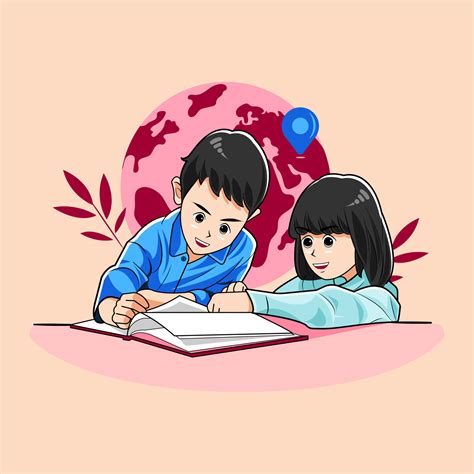 older brother teaches  younger sister  study vector illustration