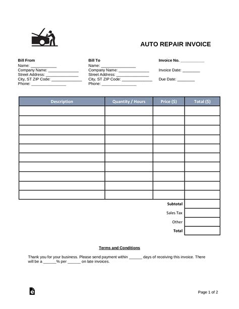 auto body mechanic invoice template  word eforms