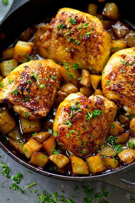 skillet honey garlic chicken thighs with roast potatoes recipe in
