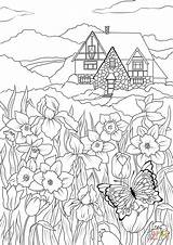 Coloring Country Flowers House Spring Butterfly Pages Easter Adults Flower Printable Adult Colouring Butterflies Book Drawing Supercoloring Sheets Fall Mandala sketch template