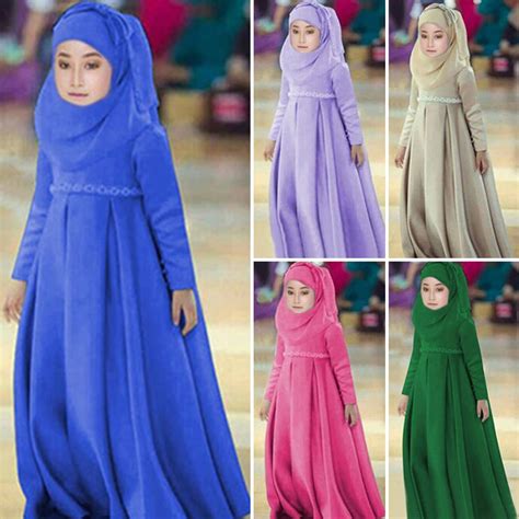 pcs muslim traditional costumes kids girls hijab dress solid islamic