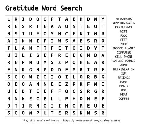 gratitude word search word search