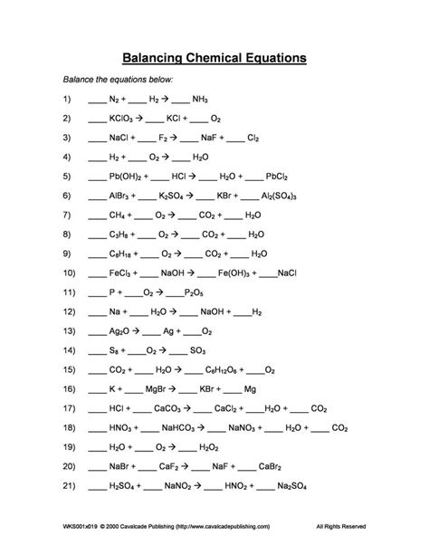 balancing equation worksheet  answers  balancing chemical