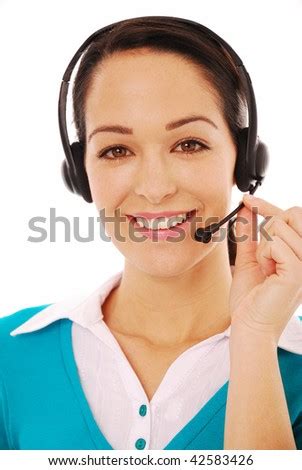 friendly call centre worker smiling   phone  white background