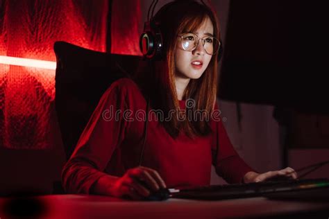 Pro Player Gamer Young Asian Woman Playing Online Video Game Shooting