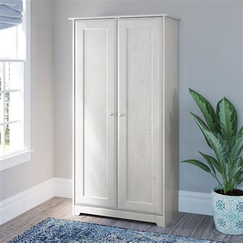 furniture cabot tall storage cabinet  doors  linen white oak  bush