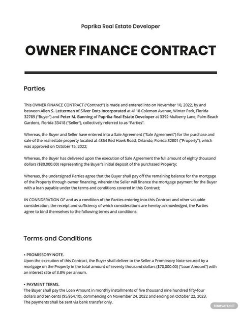 owner financing agreement template