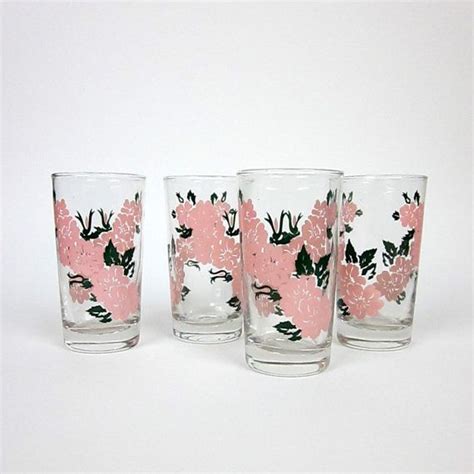 Vintage Libbey Pretty In Pink Floral Drinking Glasses Set Of 4
