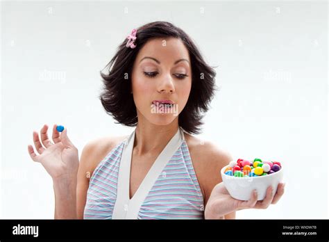 Happy Beautiful Candy Girl With A Bowl Of Colorful Bubblegum Candy