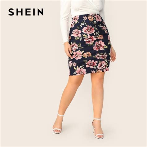 shein plus size botanical floral print pencil skirt women clothes 2019