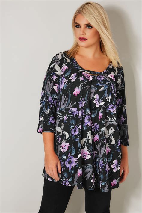 yours london black and purple floral jersey top with metal necklace trim plus size 16 to 32