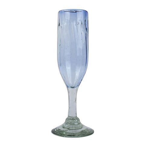 Hand Blown Blue Recycled Glass Champagne Flutes Set Of 6 Fiesta