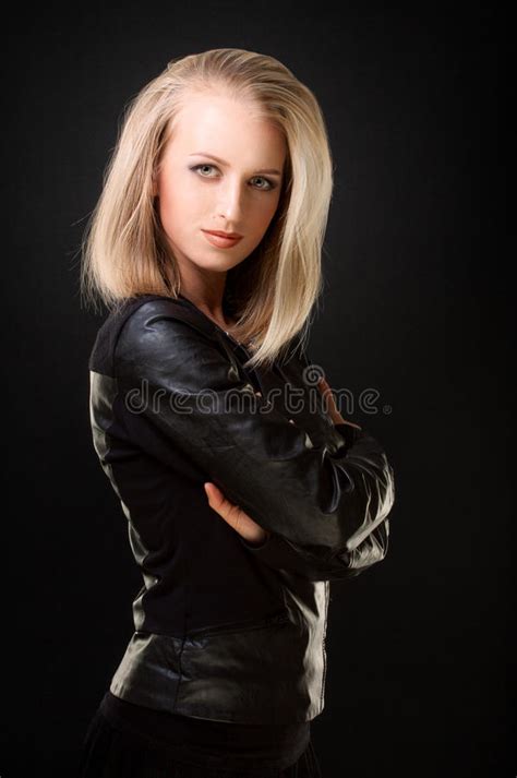blonde in leather jacket stock image image of lady face 30535203