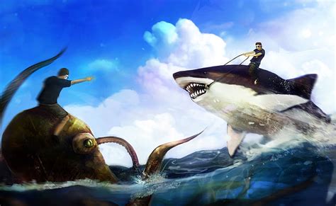 hd wallpaper man riding shark painting sea humor art rage octopus mouth wallpaper flare