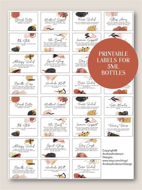 Printable Essential Oil 5ml Roller Bottle Labels Modern