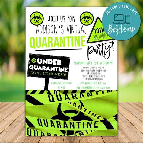 Printable Virtual Quarantine Party Invitation Instant Download Bobotemp