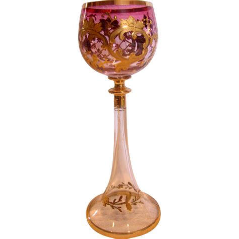 Bohemian Moser Art Glass Wine Goblet 8” Clear Crystal Bottom Cranberry