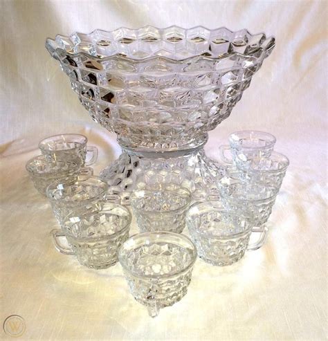 Vintage Fostoria American Glass Clear 14 Punch Bowl Base And 10 Cups