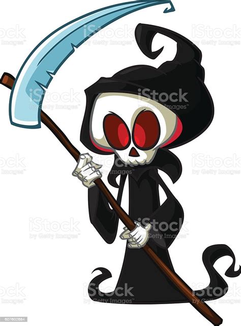 grim reaper cartoon character with scythe isolated stock