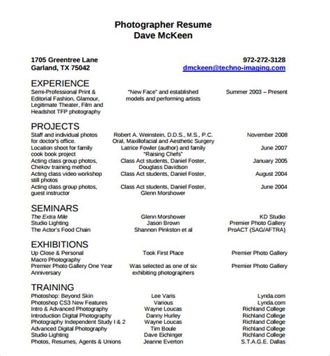photographer resume template samples examples format sample