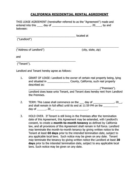 printable california rental lease agreement  docx template