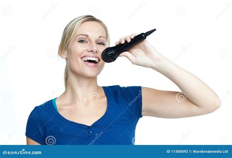 happy girl singing   microphone stock photography image