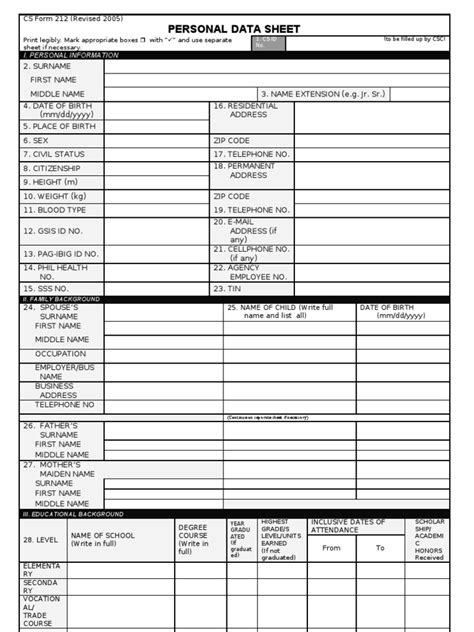 Pds Cs Form 212 Revised 2005 Personal Data Sheet Civil Service