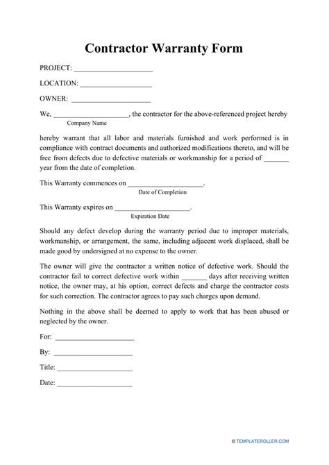 printable warranty form template word
