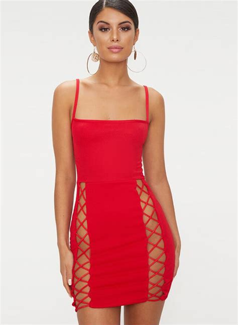 Red Sexy Spaghetti Strap Off The Shoulder Lace Up Bodycon Dress