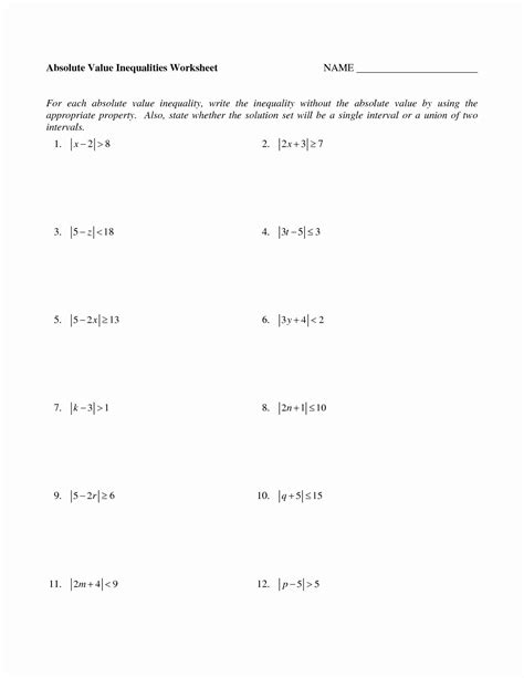 solving absolute  equations  inequalities worksheet answer key