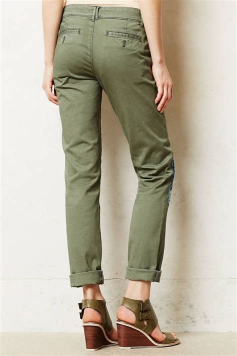 anthropologie womens chino army green khakis straight leg jeans sz