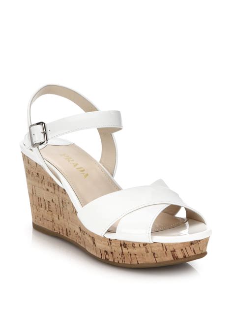 Prada Cork Wedge Patent Leather Sandals In White Lyst