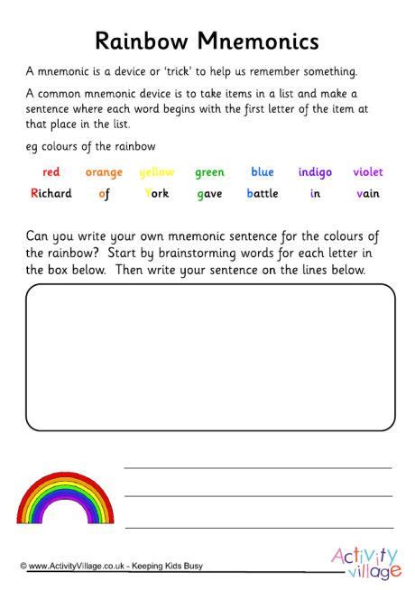 rainbow mnemonics worksheet kindergarten worksheets printable