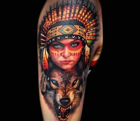 colorful girl and wild wolf tattoo on shoulder by bekker konstantin