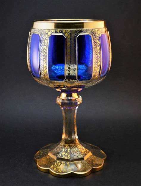Antique 19thc Bohemian Moser Blue Cabochon Gold Gilt Goblet Wine