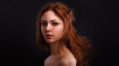 Wallpaper Portrait Women Face Redhead Long Hair Bare Shoulders