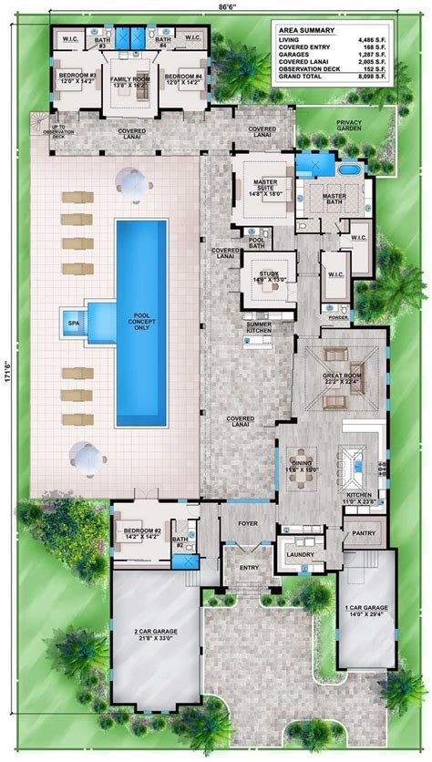 shaped house plans pool middle  outdoor kitchen courtyard home    pool house