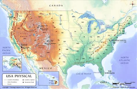 physical map usa physical features map