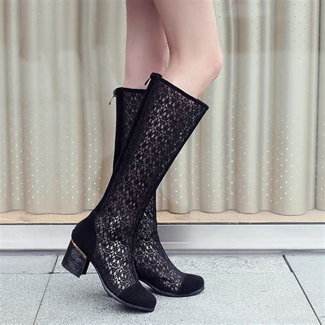 summer knee high boots ladies summer boots square heel zipper sexy lace